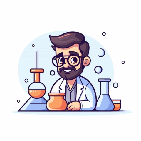 Scientist man working in laboratory. Vector illustration in cart