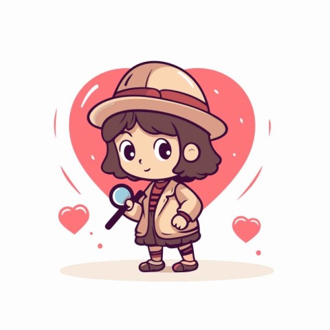 Cute cartoon explorer girl with magnifier and heart. Vector illu