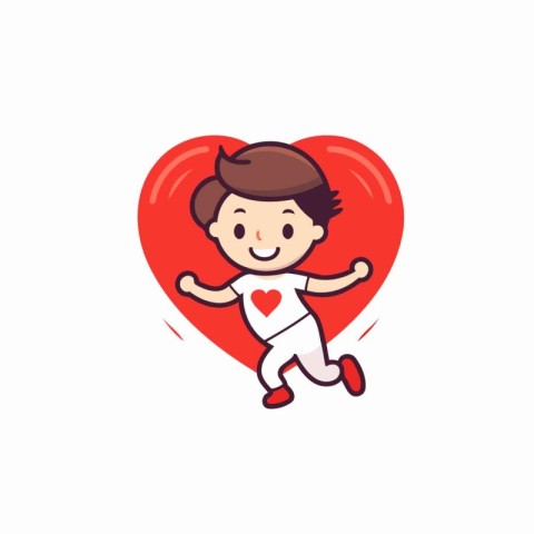 Cute little boy running with red heart. Vector flat cartoon illu