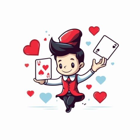 Cute cartoon boy playing cards. Vector illustration isolated on