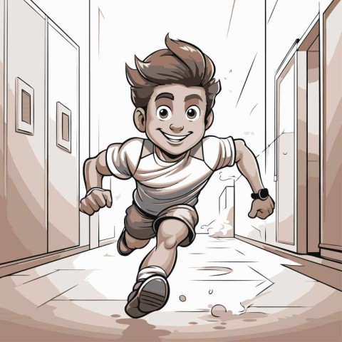 Cartoon illustration of a boy running in the hallway of a house