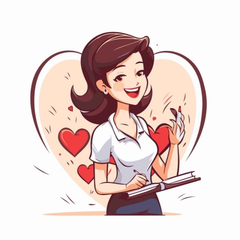 Lovely girl with notebook and heart. Vector illustration in cart