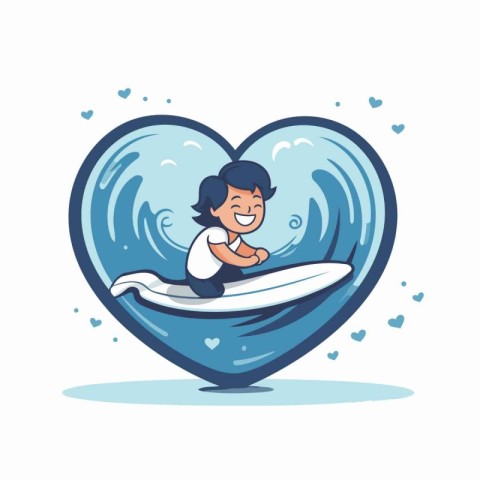 Boy surfing on a heart shaped surfboard. Cartoon vector illustra