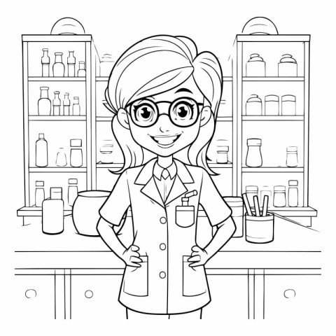 Pharmacist woman cartoon in the pharmacy. Black and white vector