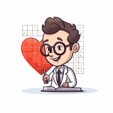 Doctor cartoon character with book and heart. Vector illustratio