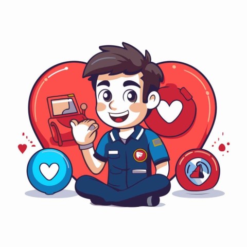 Policeman with a car and a red heart. Vector illustration.