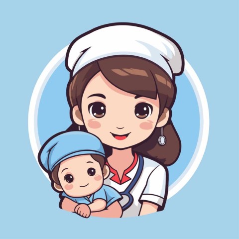 Mother and baby in chef hat. Vector illustration of a cartoon ch