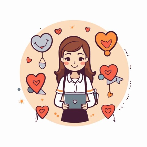 Lovely girl holding tablet and hearts around her. Vector illustr