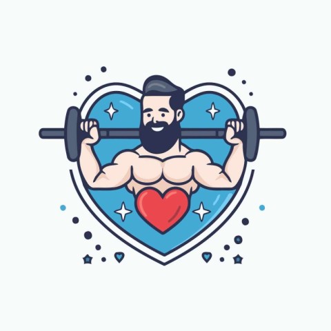 Bodybuilder with barbell in the shape of a heart. Vector illustr