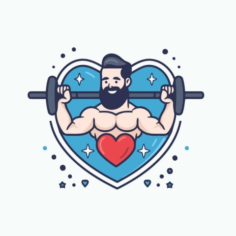 Bodybuilder with barbell in the shape of a heart. Vector illustr