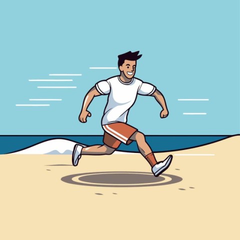 Man running on the beach. Vector illustration in a cartoon style