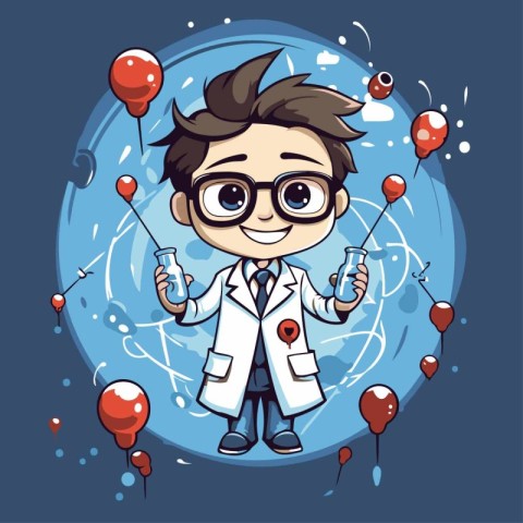 Cute little scientist with test tubes and balloons. Vector illus