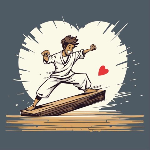 Martial arts fighter in kimono with red heart. Vector illustrati