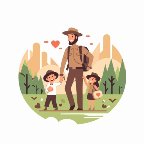 Father with children in park vector illustration. Cartoon dad wa