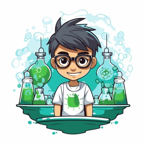 Boy in chemical laboratory. Vector illustration of a boy in glas