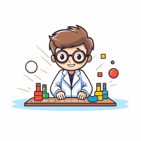 Scientist boy working in laboratory cartoon character vector ill