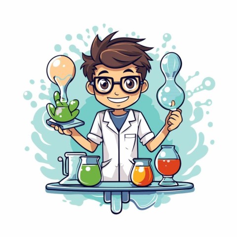 Scientist boy holding test tubes and flask. Vector illustration