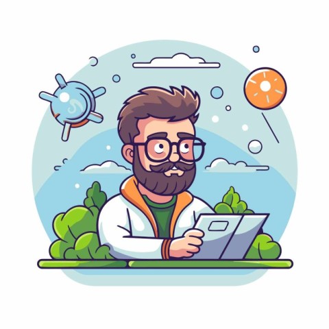 Scientist with a beard and glasses working on a tablet. Vector i