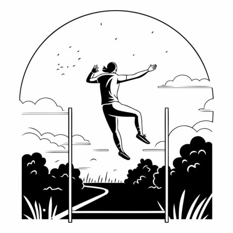 Jumping man in the park. Vector illustration in black and white