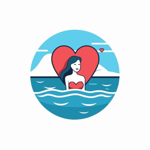 Woman with red heart in the sea. Flat style vector illustration.