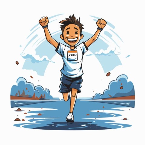 Happy boy running at the beach. Vector illustration in cartoon s