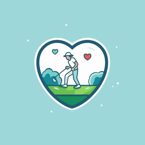 Golfer playing golf in heart shape. Line art vector illustration