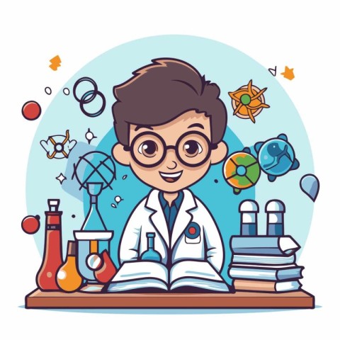 Scientist boy cartoon character with science equipment. Vector i