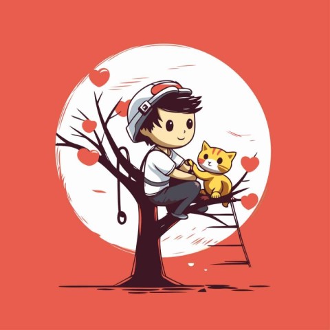 Boy playing with cat on the tree. Cute cartoon vector illustrati