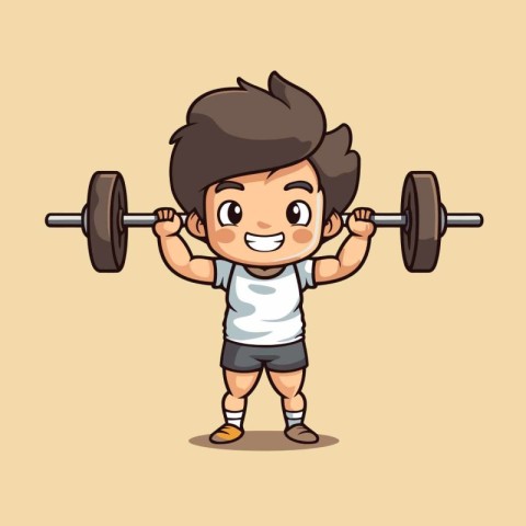 Little boy lifting barbell cartoon vector illustration. Fitness