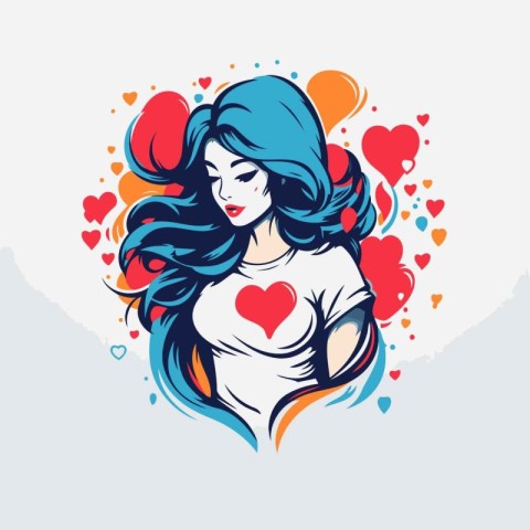 Beautiful woman with long hair and hearts around her. Vector ill