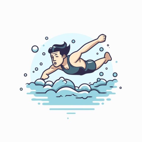 Swimmer swimming in the sea. Vector illustration in thin line st