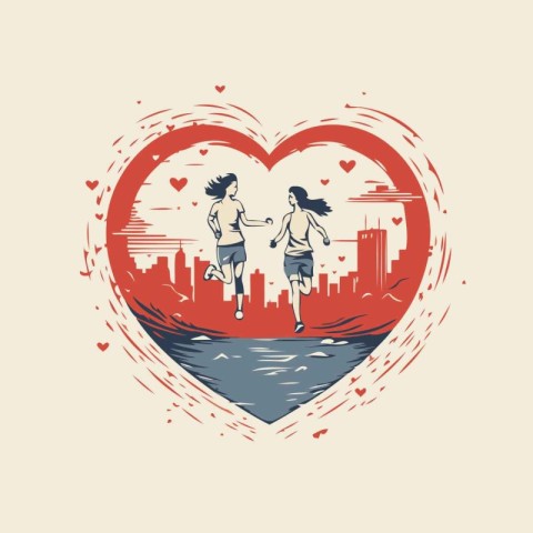 Running couple in the city on the background of heart. Vector il