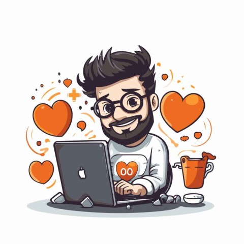 Vector illustration of a man working on a laptop with hearts aro