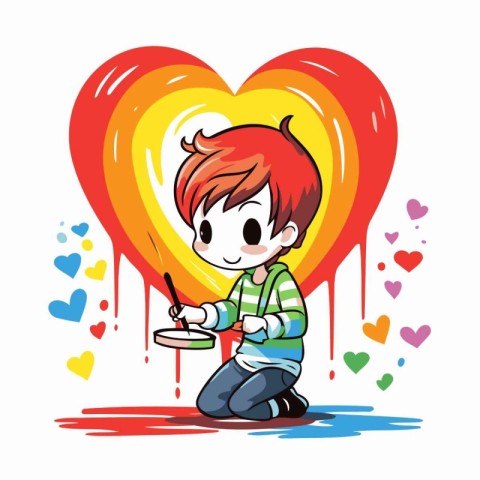 Boy playing drum and singing in a heart shape. Vector illustrati