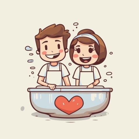 Cute couple in bathtub. Vector illustration in cartoon style.