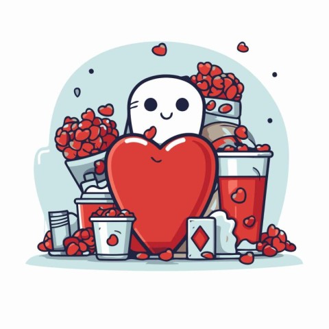 Funny ghost with a red heart and drinks. Vector illustration.