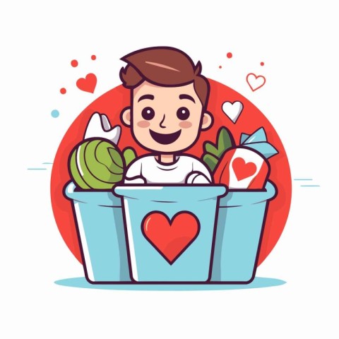 Vector illustration of a man sitting in a box full of love.