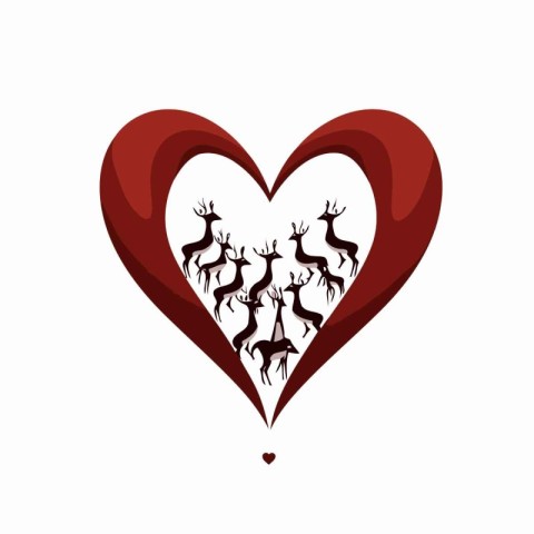 Red heart with deers on a white background. Vector illustration.