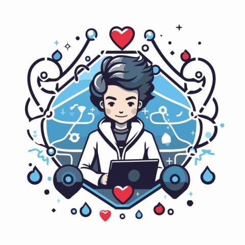 Young man doctor with laptop. Colorful vector illustration in li