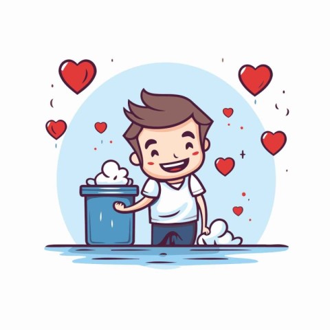 Boy throwing valentine hearts in trash can. Vector illustration.