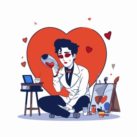 Man in love with phone and computer. Valentine's day vector illu