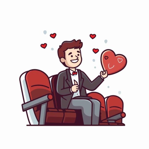 Man in love sitting in armchair and holding red heart. Vector il