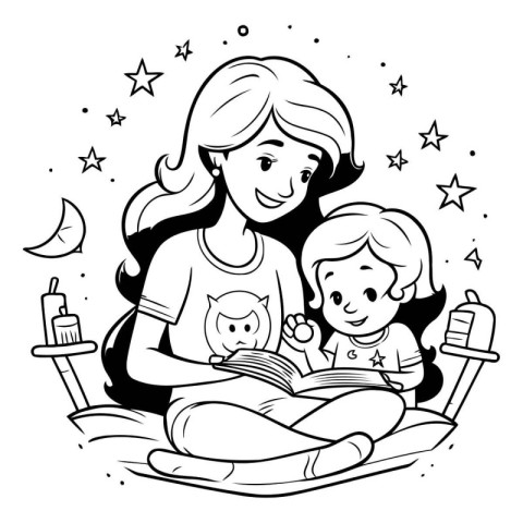 Mother and daughter reading a book together. Black and white vec