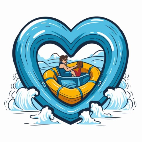 Couple in inflatable boat in heart shape vector illustration iso