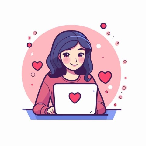 Girl with laptop and hearts. Vector illustration in flat cartoon