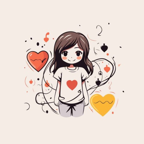 Cute little girl with hearts. Hand drawn vector illustration in