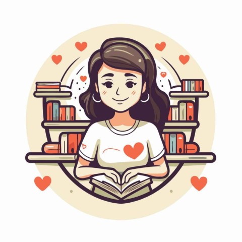 Girl reading a book in the library. Vector illustration in carto