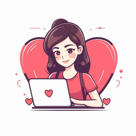 Vector illustration of a girl using a laptop with hearts around