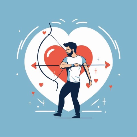 Man with bow and arrow in heart. Love concept. Vector illustrati