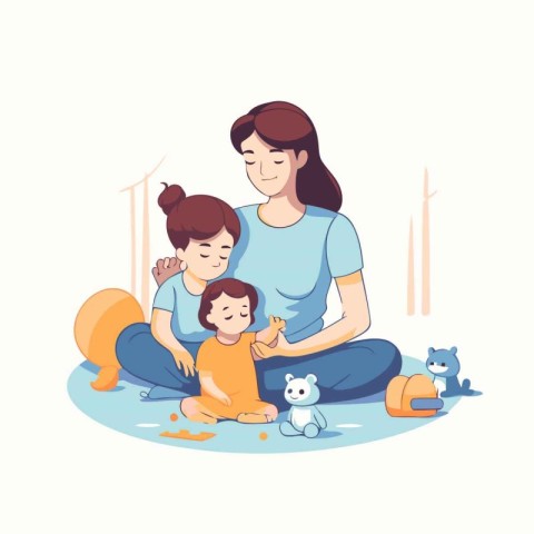 Mother and daughter playing with their pet. Vector illustration